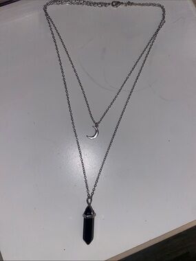 Layered Silver Necklace with Crescent Moon and Black Crystal Point